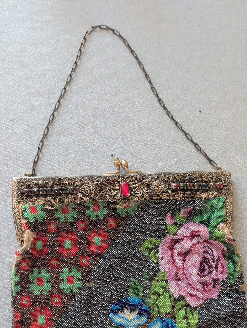 Vintage Beaded Floral Frame Handbag in Pink and Green
